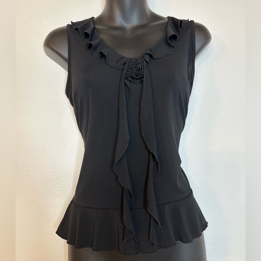 VTG Y2K New York & Company Womens Blouse S Black Rose Frill Whimsygoth Fairy